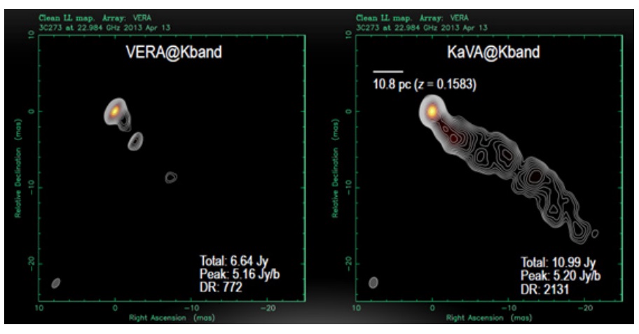 VERA (왼쪽: 4개 망원경)과 KaVA (오른쪽:7개 망원경)의 이미지 비교 - Niinuma el ta. 2014 PASJ